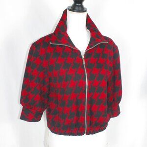 EXPRESS Jacket Red Black Hounds Tooth Coat Size Small Checkered Full Zip 3/4